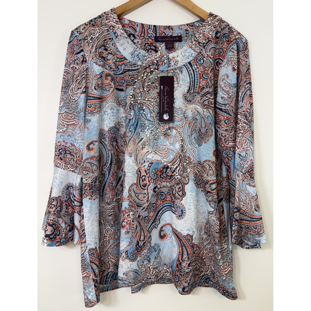 Gloria Vanderbilt Vivika Blouse S Small Blue Paisley Embellished NWT Bell Sleeve